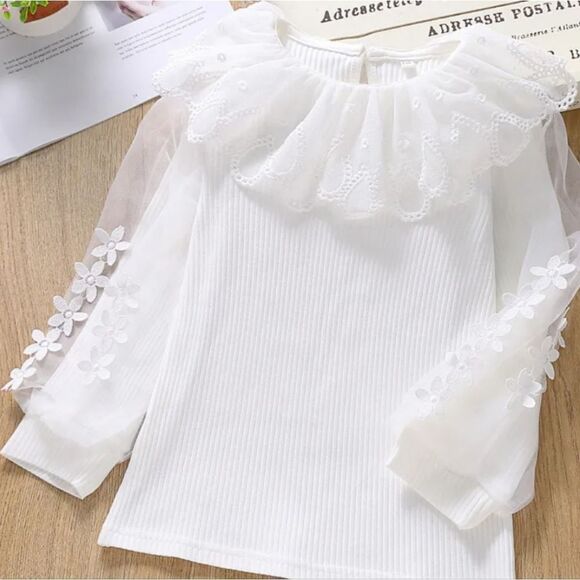 Fashionable Lase Embroidered Flowers Sleeve Sweater, girls 8-10 years, cotton - Picture 2 of 4